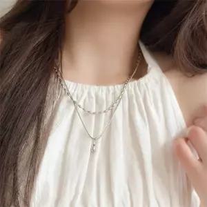 레이어드 드롭펜던트 티타늄 실버 목걸이 2줄 no.552