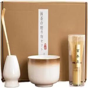 4PCS 티 브러시 세트 대나무 말차 스쿱 및 홀더 볼과 스트레이너 세레모니 액세서리 A-4PCS