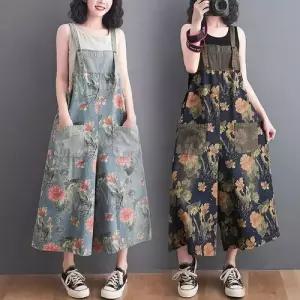 여성 바지 캐주얼 한벌 포켓 패치 멜빵 워싱 와이드 프린트 점프슈트 청바지 코디 빅사이즈 9부 스포M1