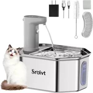 Sroivt 무선 고양이 분수 스테인리스 스틸 - 애완동물 모션 센서/배터리 작동 2.6L 1 필터