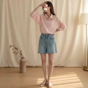 여성 심플 카라넥 시스루 언발 오버셔츠 남방 비침