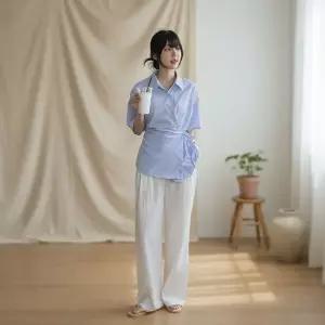 여성 세로줄무늬 카라넥 반팔 셔츠 허리끈 포함 남방