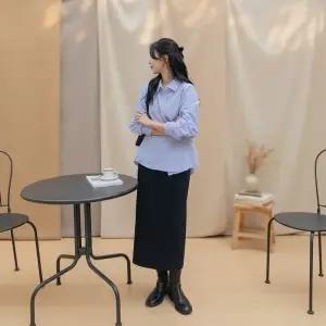 여성 세로줄무늬 카라셔츠 스트랩포인트 남방 단가라