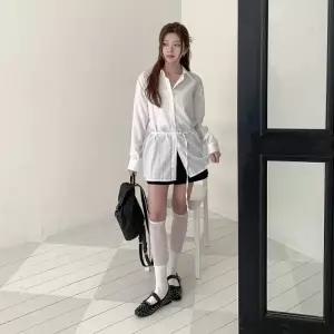 여성 폴리 세로 줄무늬 루즈핏 롱 카라 블라우스 셔츠