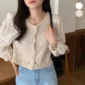 여자 펀칭 자수 레이스 퍼프 크롭 블라우스 셔츠 남방