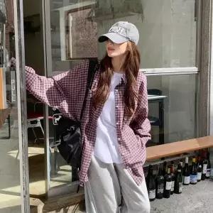 여성용 루즈핏 체크 셔츠 실버 펜던트 포켓 디자인