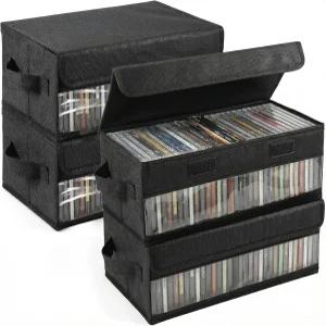 보이는 창문이 있는 4팩 CD 보관함 방진 뚜껑과 손잡이가 쌓을 수 케이스 홀더 접이식 DVD 패브릭 전체