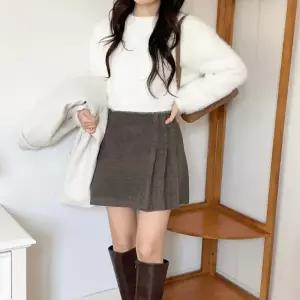 여성 헤링본 미니 플리츠 울 스커트 반지 치마 앙고라
