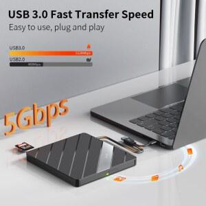 CD롬 플레이어 T040A USB 외장형 모바일 드라이브 DVD 버너 CD 리눅스용 8X 허브 라이터 윈도우 24X 카드 SD MICROSD 리더