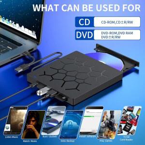 CD롬 플레이어 외장 CD DVD 드라이브 초슬림 MAC 노트북 TFSD 2개 포트 USB PC용 버너 4개 카드 슬롯 디스크