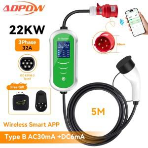 ADPOW 32A Type2 EV 충전기 3상 22KW 5M 케이블 조정 가능 전류 EVSE WIFI APP 제어 자동차 용 액세서리