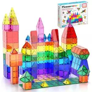 PicassoTiles 60피스 세트 자석 마그네틱 건물 타일 투명 3D 블록 건설 플레이보드
