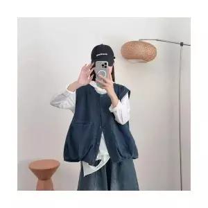 여성 데일룩 베스트 캐주얼 순정 데님 조끼 빈티지 라운드 싱글 포켓 민소매 DAOL1