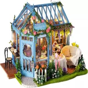 가구가 있는 큐티룸 인형의 집 뮤직박스 및 LED 조명이 3D 나무 24 스케일 DIY 키트 로즈 가든 티 하우스