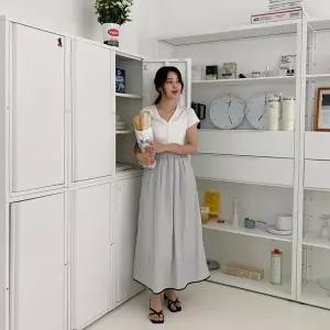 [옷자락]여성 프릴 허리밴드 나일론 에이라인 롱스커트 치마_P423280305