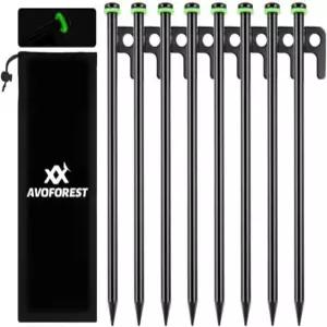 AVOFOREST 8인치 헤비 듀티 텐트 말뚝 8개의 PCS 금속 + 형광 실리콘 링 캠핑용 보관 가방 Black-8inch