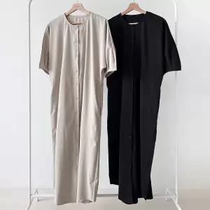 [옷자락] 여성 버튼 뒷주름 퍼프 여름 데일리 롱드레스