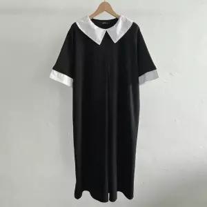 [옷자락] 여성 빅사이즈 블랙 카라넥 배색 반팔 롱 원피스