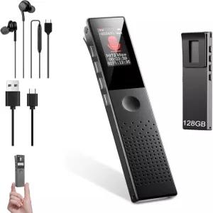 128GB 디지털 음성 녹음기 재생 AI 소음 감소 활성화 녹음 비밀번호 보호 MP3 플레이어 원터치 작동 USB-C
