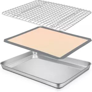 P CHEF 12.5 x 9.7 1 인치 토스터 오븐 팬 그리드 랙 및 실리콘 매트 포함 스테인리스 스틸 트레이 베이킹