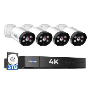 Hiseeu 4K 유선 시스템 실외 오디오 스마트 듀얼 라이트 AI 인간/차량 감지 3TB HDD 감시 DVR 키트 8CH 4X8MP 가정용 CCTV 카메라 재생 100피트 야간 투시 기능 포함