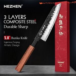 HEZHEN 5.8 인치 Bunka 칼 3 층 복합 강철 스테인레스 스틸 붉은 나무 손잡이 주방 요리 유틸리티 선물 상
