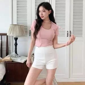 여성 스퀘어넥 반팔 골지 크롭티와 머플러 세트 숏티