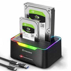 POSUGEAR 외장 하드 드라이브 도킹 스테이션 2.5/3.5인치 SATA HDD SSD용 RGB 20TB 듀얼 베이 2개 포함 USB 3.0 리더 오프라인 클론 및 UASP 지원