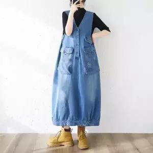 세군다 여자 조끼 캐주얼 여름 빅사이즈 티플라워 데님 빈티지 캔버스 빅포켓 브이넥 롱 DOS2