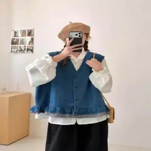 세군다 여자 조끼 캐주얼 데님 체크 민소매 브이넥 탑 DOS1