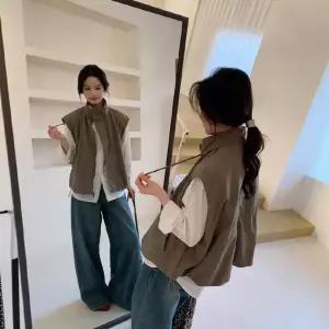 세군다 여성용 캐주얼 체크 트렌드 상의 레이어드 조끼 DOS1