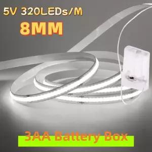 AA 배터리 박스 전원 COB LED 스트립 화이트 레드 그린 블루 핑크 PCB 고밀도 DC5V 320LEDs/m 방