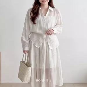 [보니제이][SET] 여리여리 무드 세로주름 블라우스 롱스커트 셋