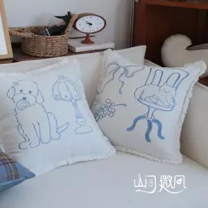 키치 블루 고양이 강아지 자수 쿠션 커버 여름느낌 일러스트 리본 프렌치풍 블루자수쿠션