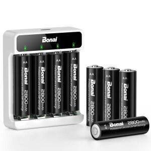 스마트 충전기 키트가 포함된 BONAI 충전식 AA 배터리 8팩 2800mAh 대용량 NiMH 더블 A 4베이 USB 고속 충전기타입C 입력 낮은 자가 방전