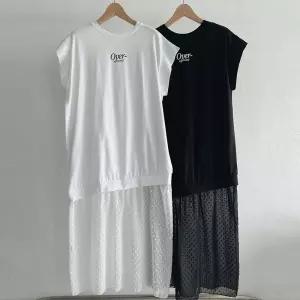 [옷자락] 여성 도트 시스루 캡소매 롱원피스 레이어드 박시핏