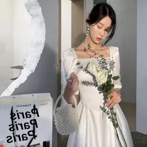신부 새틴 웨딩드레스 화이트 프렌치 스타일 빈티지