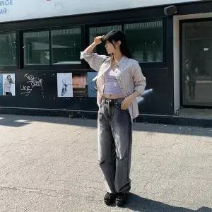 [하프클럽/옷자락]여성 블랙 일자 워싱 디스트로이드 청바지 팬츠