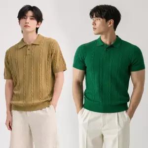 여름 꽈베기 케이블 버튼 카라넥 니트 반팔 티셔츠 남자 남성