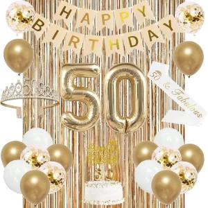 여성용 트르고울 50번째 생일 장식 배너 새시 및 크라운 케이크 토퍼 50 숫자 풍선 프린지 커튼 샴페인