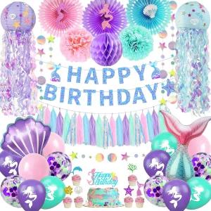 인어 생일 파티 장식 - 테마 용품에는 배너 풍선 종이 선풍기 커튼 새시 케이크용 헤드밴드 및 포함됩니다