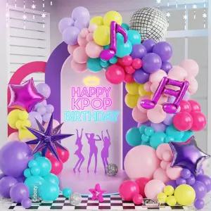 162Pcs 케이팝 생일 파티 장식 보라색 핫 핑크 청록색 노란색 풍선이 있는 음악 테마 갈랜드 아치 디스코