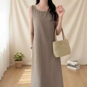 [하프클럽/옷자락]여성 여름 빅사이즈 뒷리본 민소매 롱드레스 휴양지룩