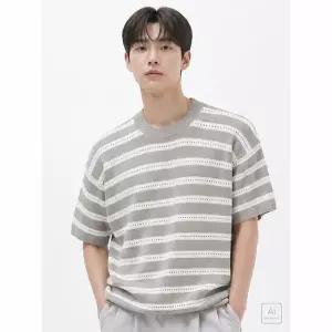 [하프클럽/디바옴므]여름 단가라 스카시 라운드 니트 반팔 티셔츠 남성 남