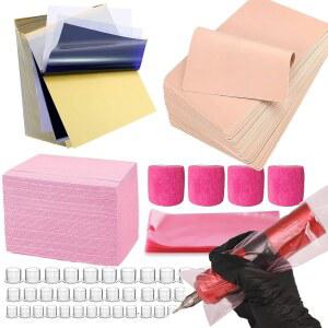 초보자용 554pcs 타투 연습 키트 - 가짜 피부 잉크 캡이 있는 올인원 핑크 그립 테이프 Bental Bibs 전문 용품