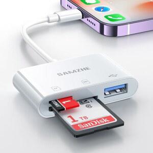 아이폰호환 iPad용 SD 카드 리더 MicroSD USBA 3 슬롯이 내장된 라이트닝 커넥터 어댑터 트레일 카메라 메모리 뷰어 휴대용 앱 필요 없음 플러그 앤 플레이