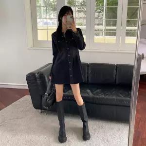 여성 빈티지 워시드 A라인 핀턱 데님 미니 드레스 Y2K