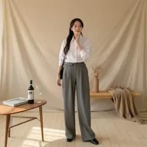 여성 베이지 투핀턱 일자 슬랙스 면바지 정장바지