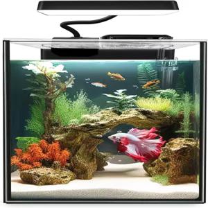 프리로 유리 베타 아쿠아리움 스타터 키트 1.5갤런 소형 어항 LED 조명이 있는 파워 필터 블랙 4mm