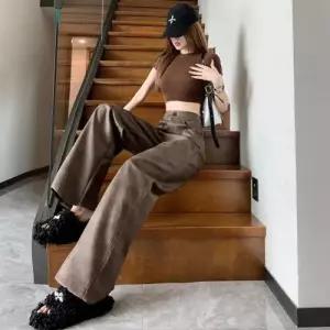 여성용 팬츠 가을 빈티지 PU가죽 가죽팬츠 보카시 와이드 카브라운 원픽3